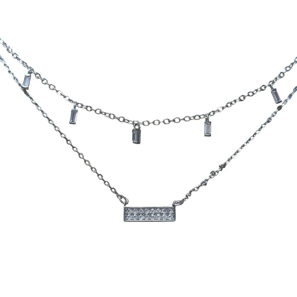 White‎ House Black Market Layered Cubic Zirconia Bar Pendant Necklace In Rhodium